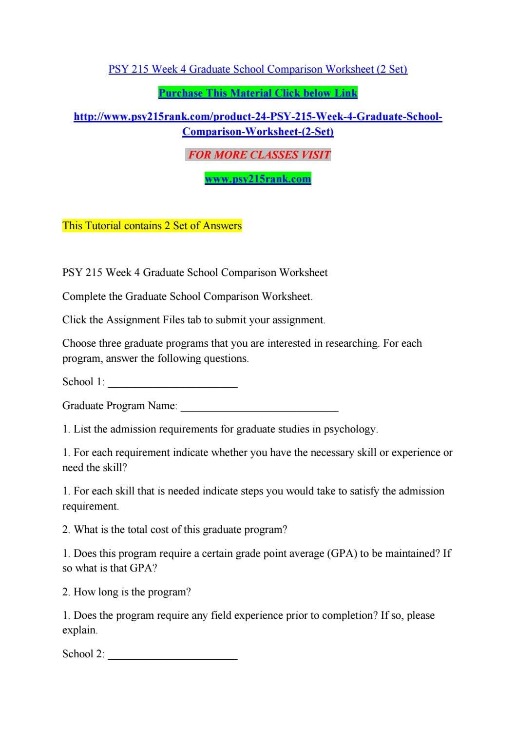 Psy 215 Week 4 Graduate School Comparison Worksheet 2 Seta For Graduate School Comparison Worksheet
