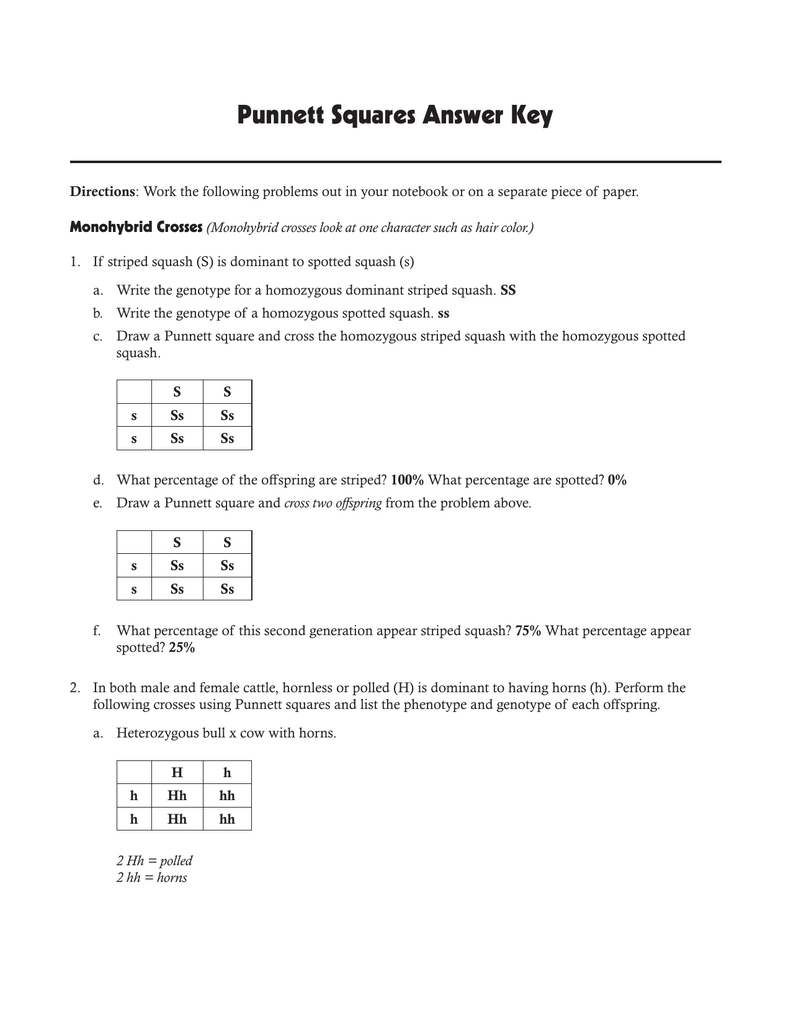 Punnett Squares Answer Key Also Punnett Square Worksheet 1 Key