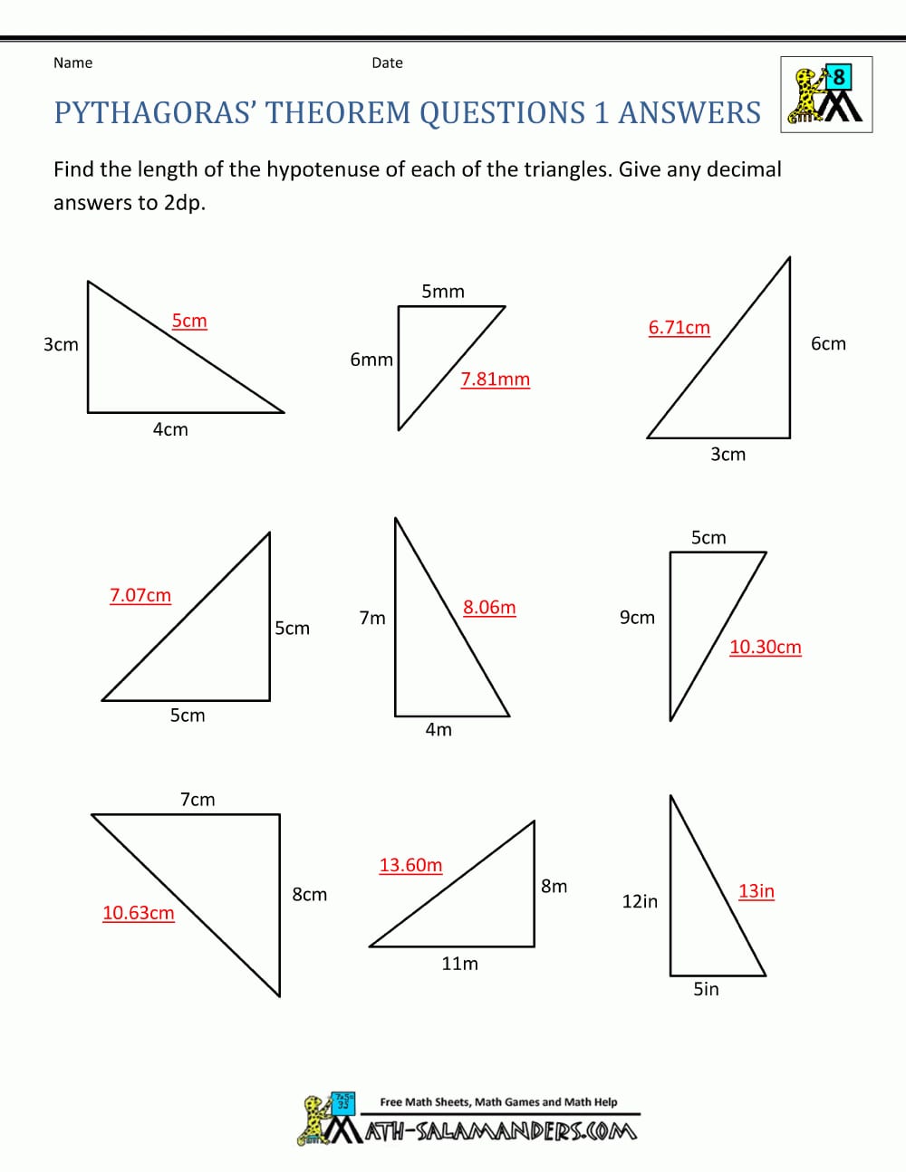 Pythagoras Theorem Questions For The Pythagorean Theorem Worksheet Answers