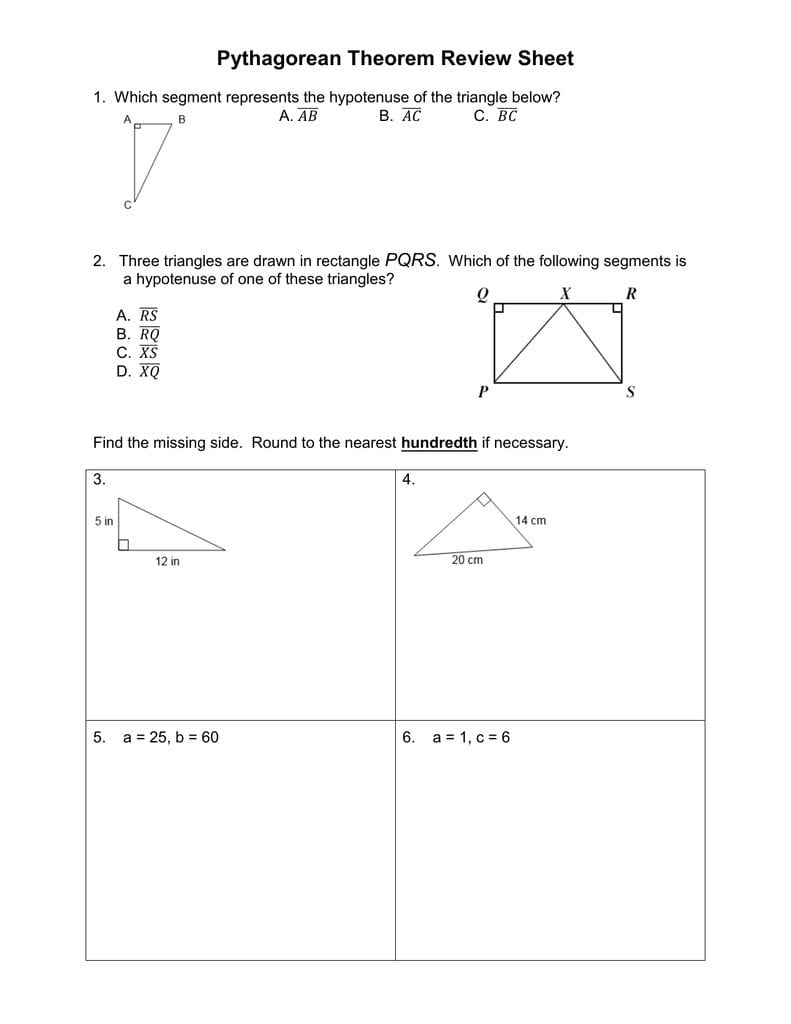 Pythagorean Theorem Review Sheet With Regard To Pythagorean Theorem Review Worksheet