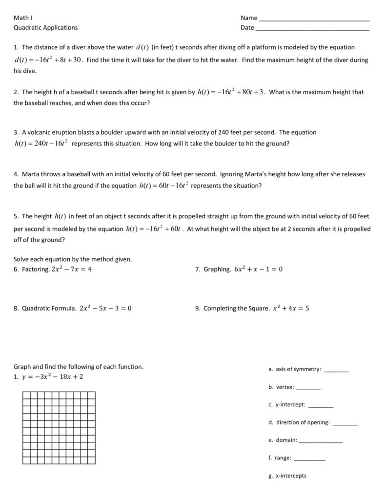 Quadratics Applications Homework Worksheet As Well As Quadratic Applications Worksheet