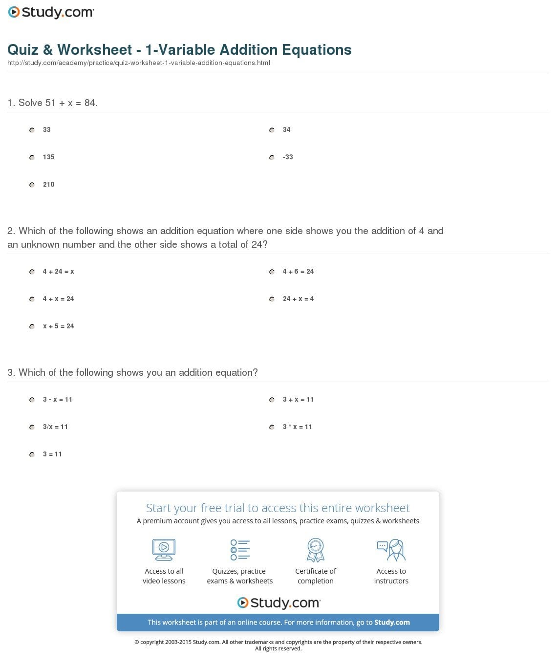 Quiz  Worksheet  1Variable Addition Equations  Study For Course 3 Chapter 2 Equations In One Variable Worksheet Answers