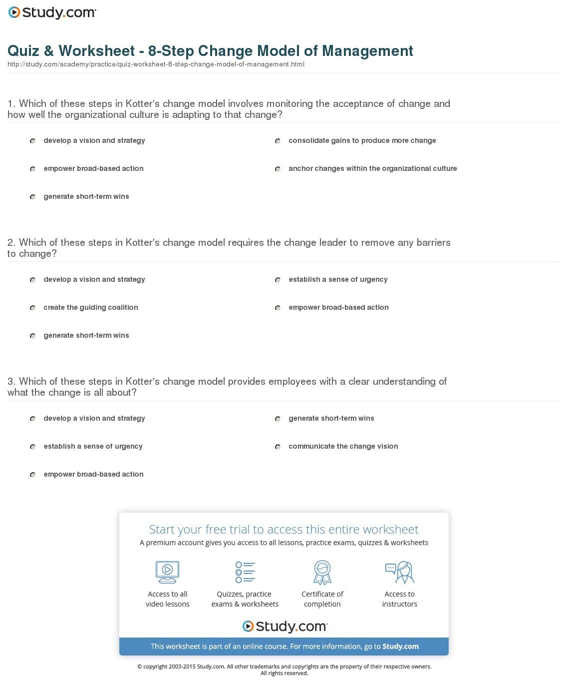 Quiz  Worksheet  8Step Change Model Of Management  Study In Step 8 Worksheet