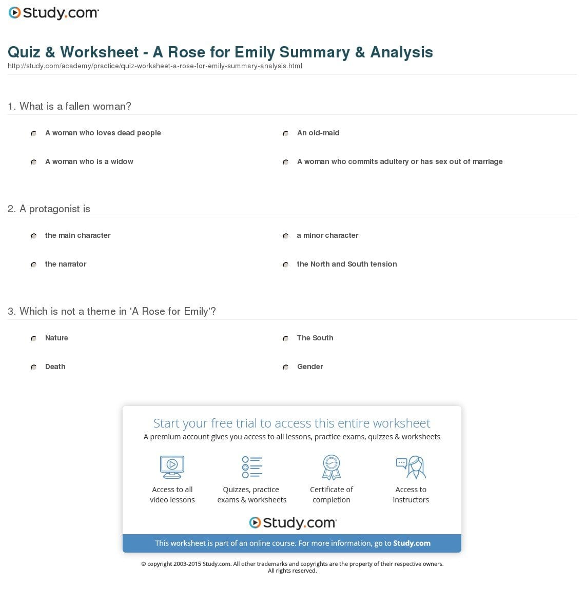 Quiz  Worksheet  A Rose For Emily Summary  Analysis  Study Inside A Rose For Emily Worksheet Answers