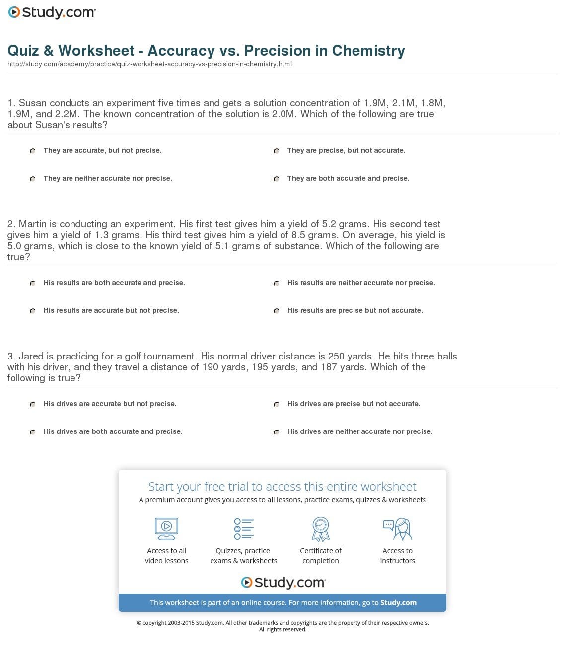 Quiz  Worksheet  Accuracy Vs Precision In Chemistry  Study Pertaining To Accuracy And Precision Worksheet Answers
