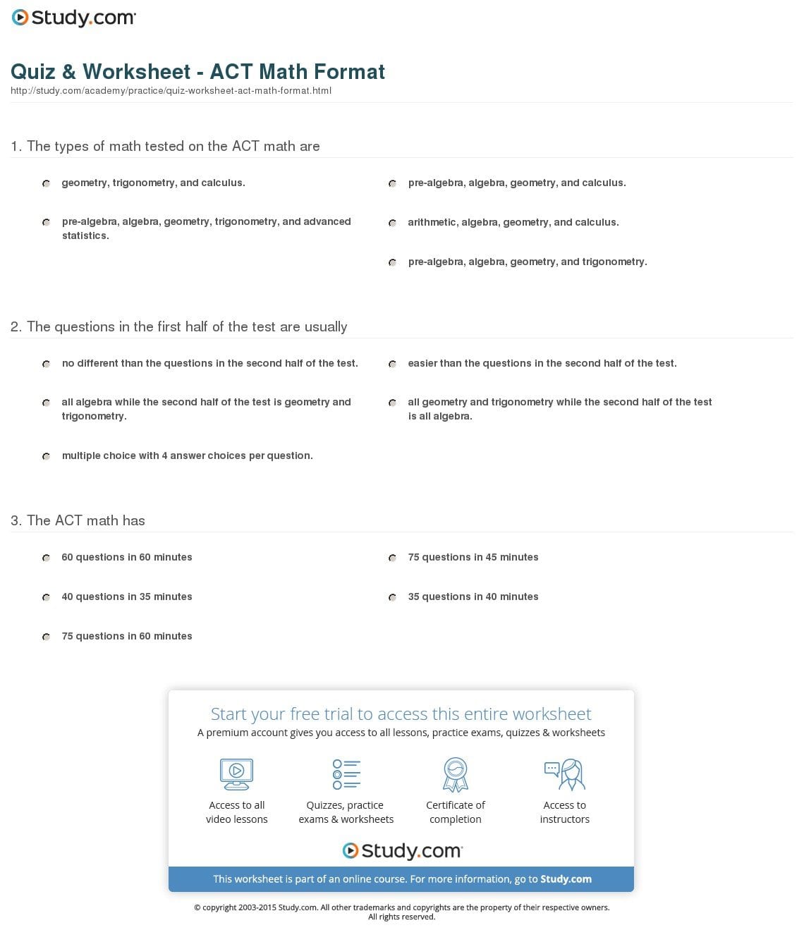Quiz  Worksheet  Act Math Format  Study For Act Math Practice Worksheets
