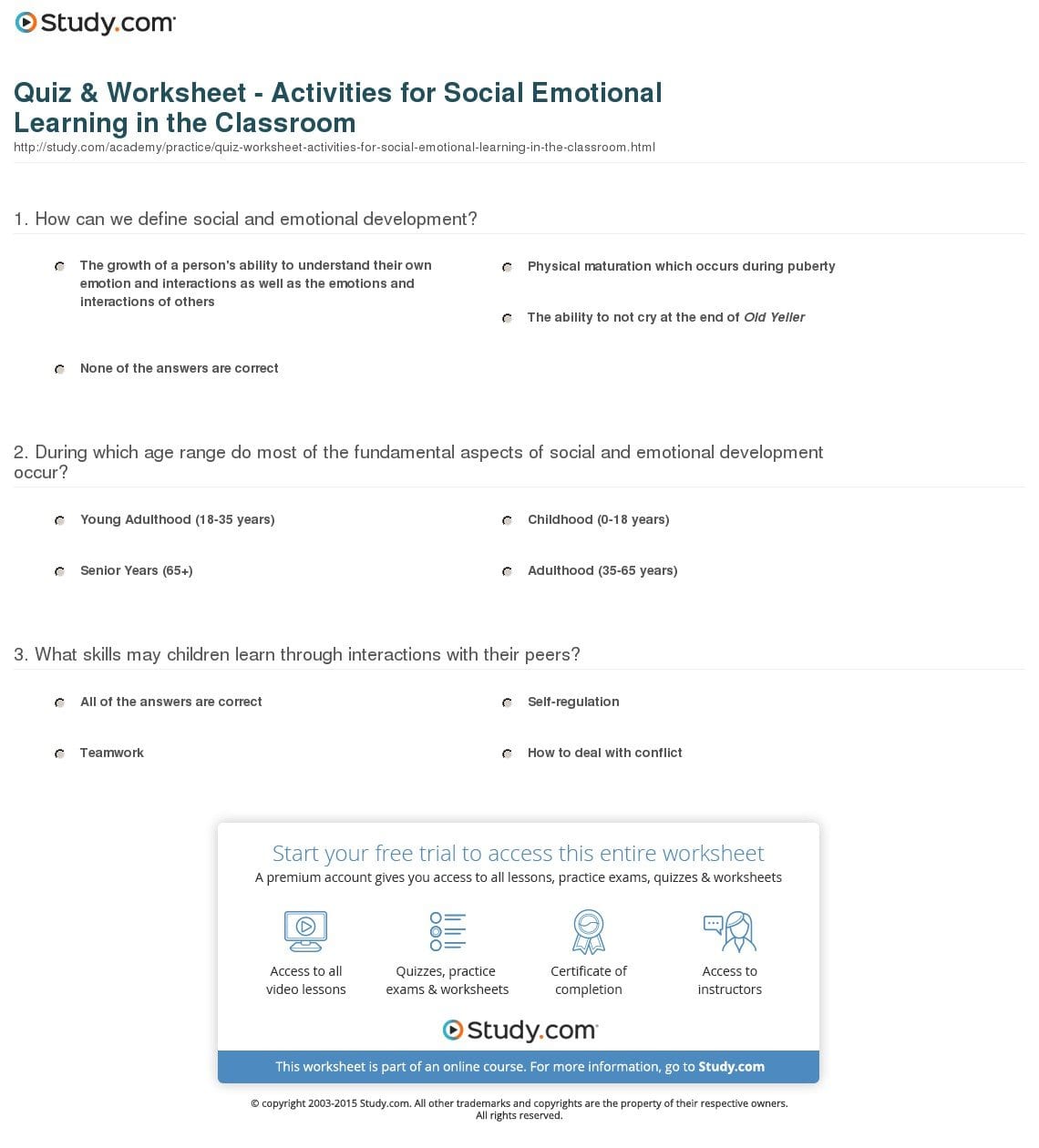 Quiz  Worksheet  Activities For Social Emotional Learning In The Within Social Emotional Learning Worksheets