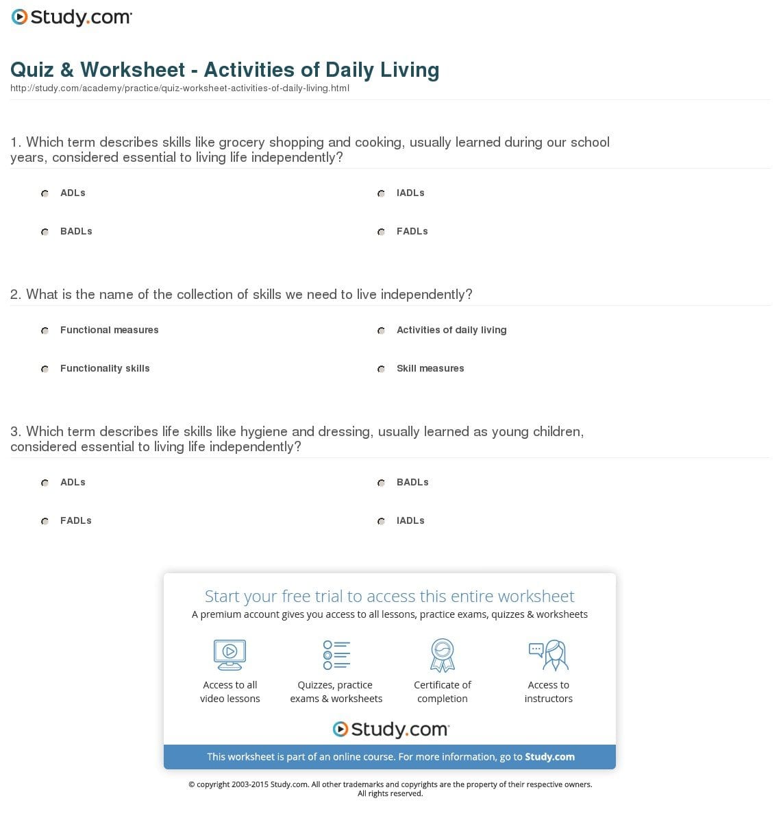 Quiz  Worksheet  Activities Of Daily Living  Study For Independent Living Worksheets For Adults