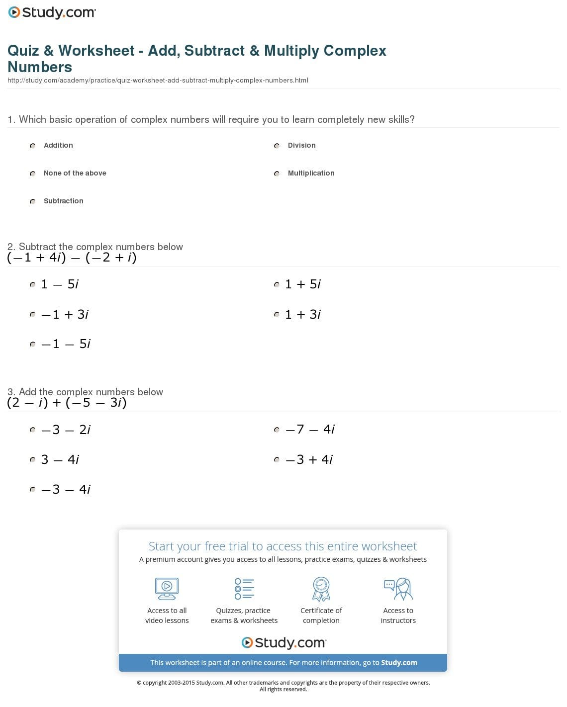 Quiz  Worksheet  Add Subtract  Multiply Complex Numbers  Study Intended For Adding And Subtracting Complex Numbers Worksheet