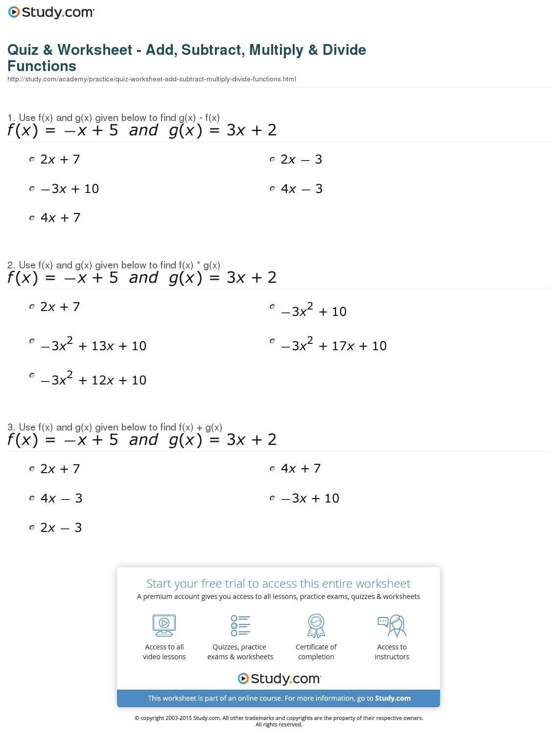 Quiz  Worksheet  Add Subtract Multiply  Divide Functions Or Composition Of Functions Worksheet Answers Pdf