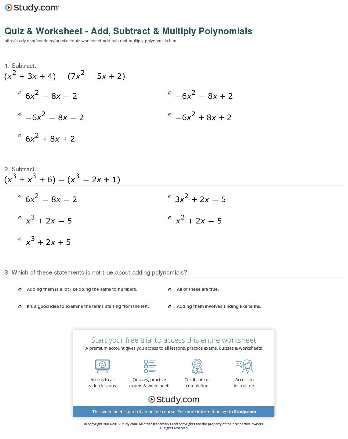 Quiz  Worksheet  Add Subtract  Multiply Polynomials  Study For Adding And Subtracting Polynomials Worksheet