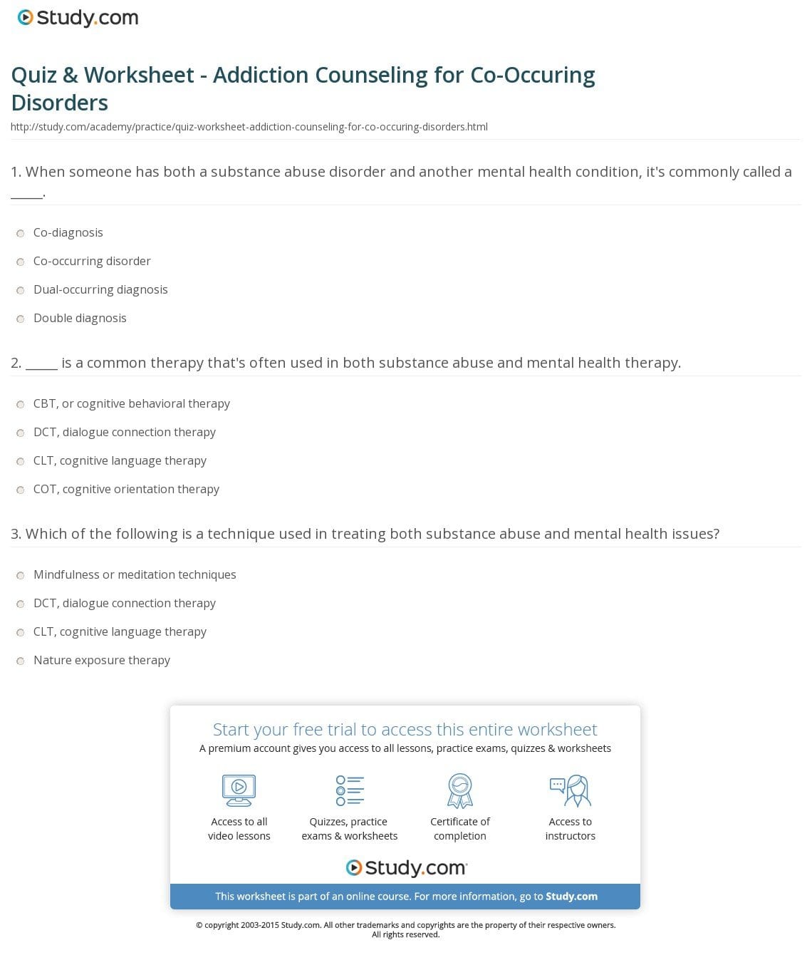 Quiz  Worksheet  Addiction Counseling For Cooccurring Disorders Within Co Occurring Disorders Group Worksheets