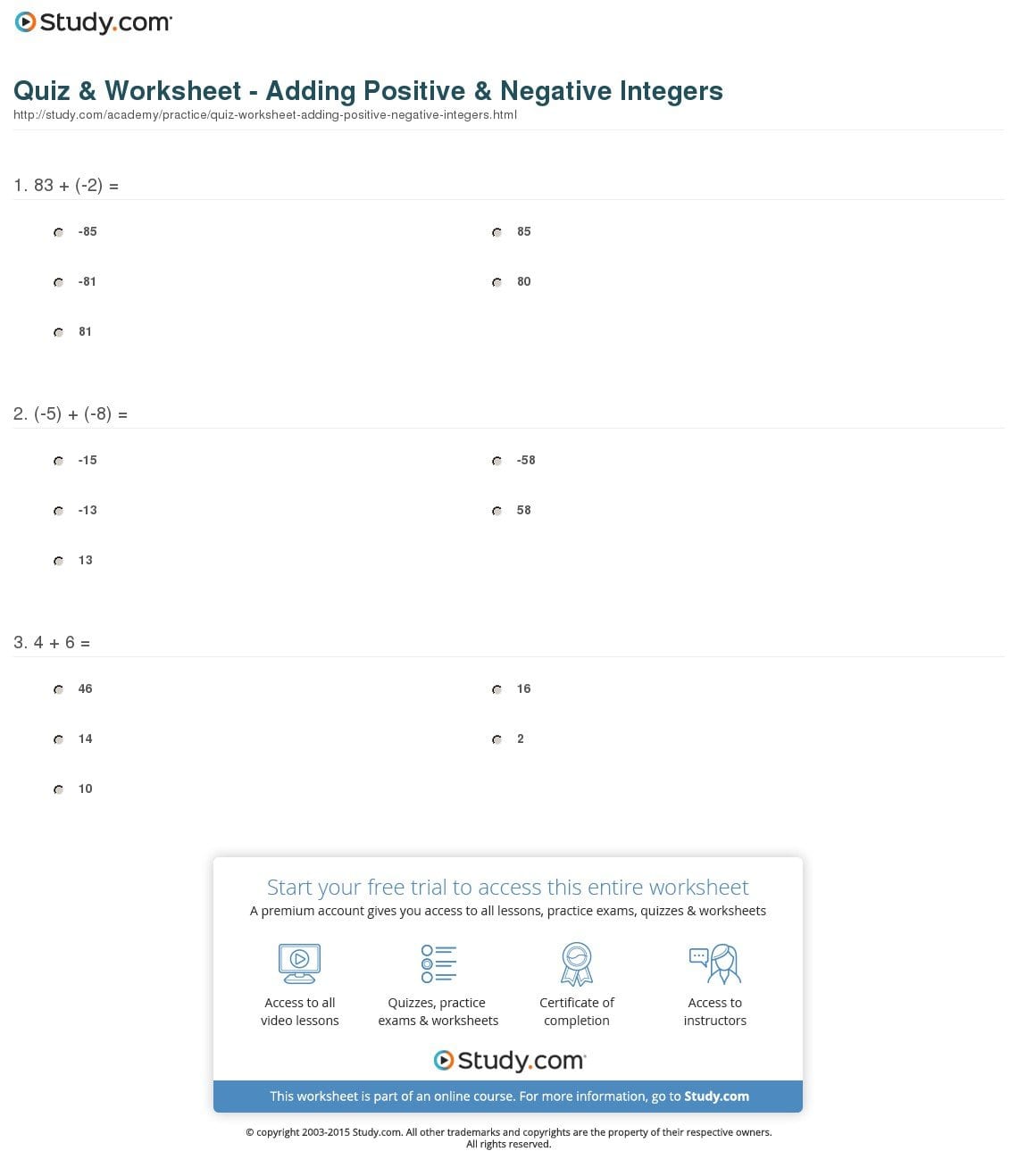 Quiz  Worksheet  Adding Positive  Negative Integers  Study Or Positive And Negative Numbers Worksheet