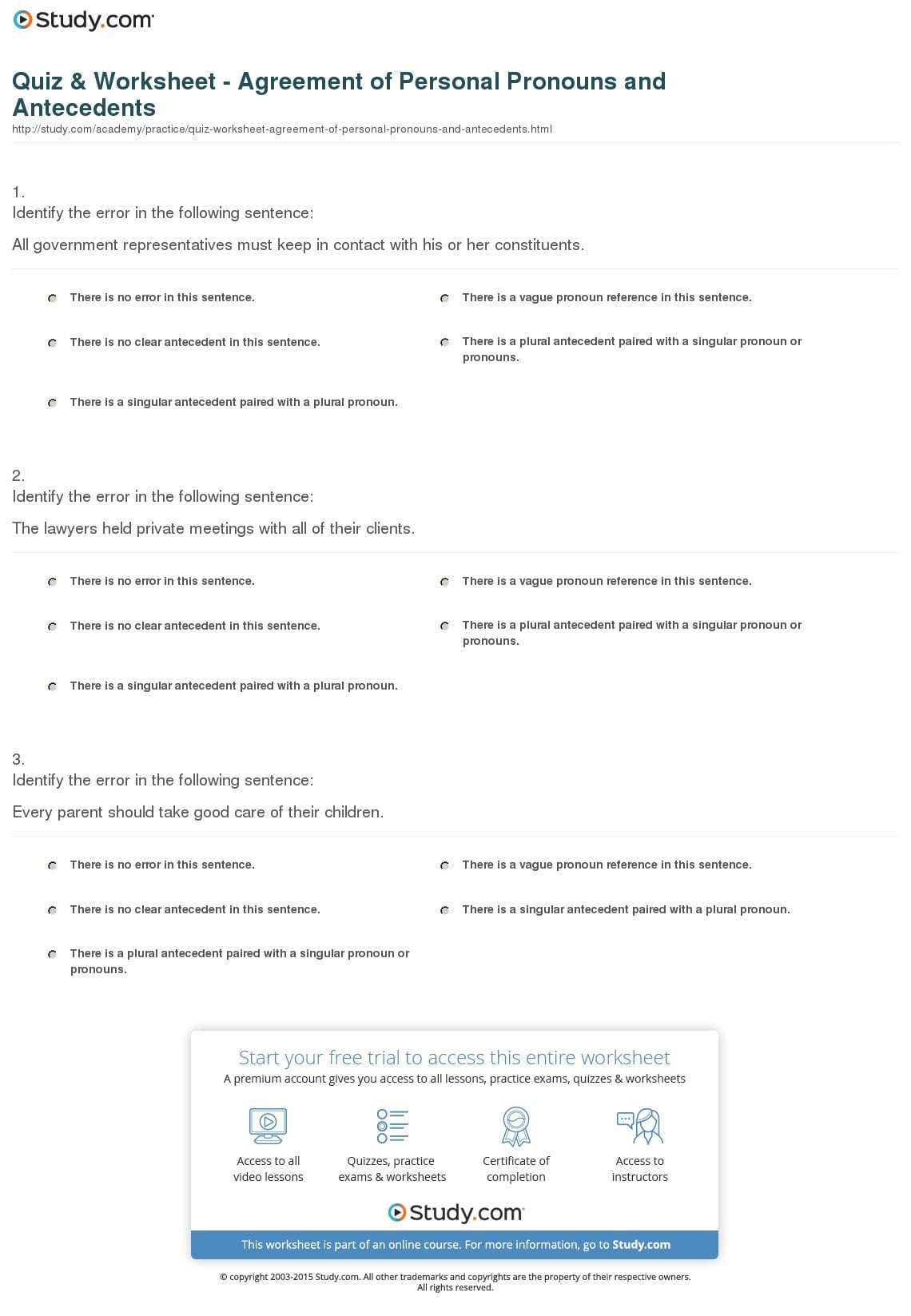 Quiz  Worksheet  Agreement Of Personal Pronouns And Antecedents For Pronouns And Antecedents Worksheets