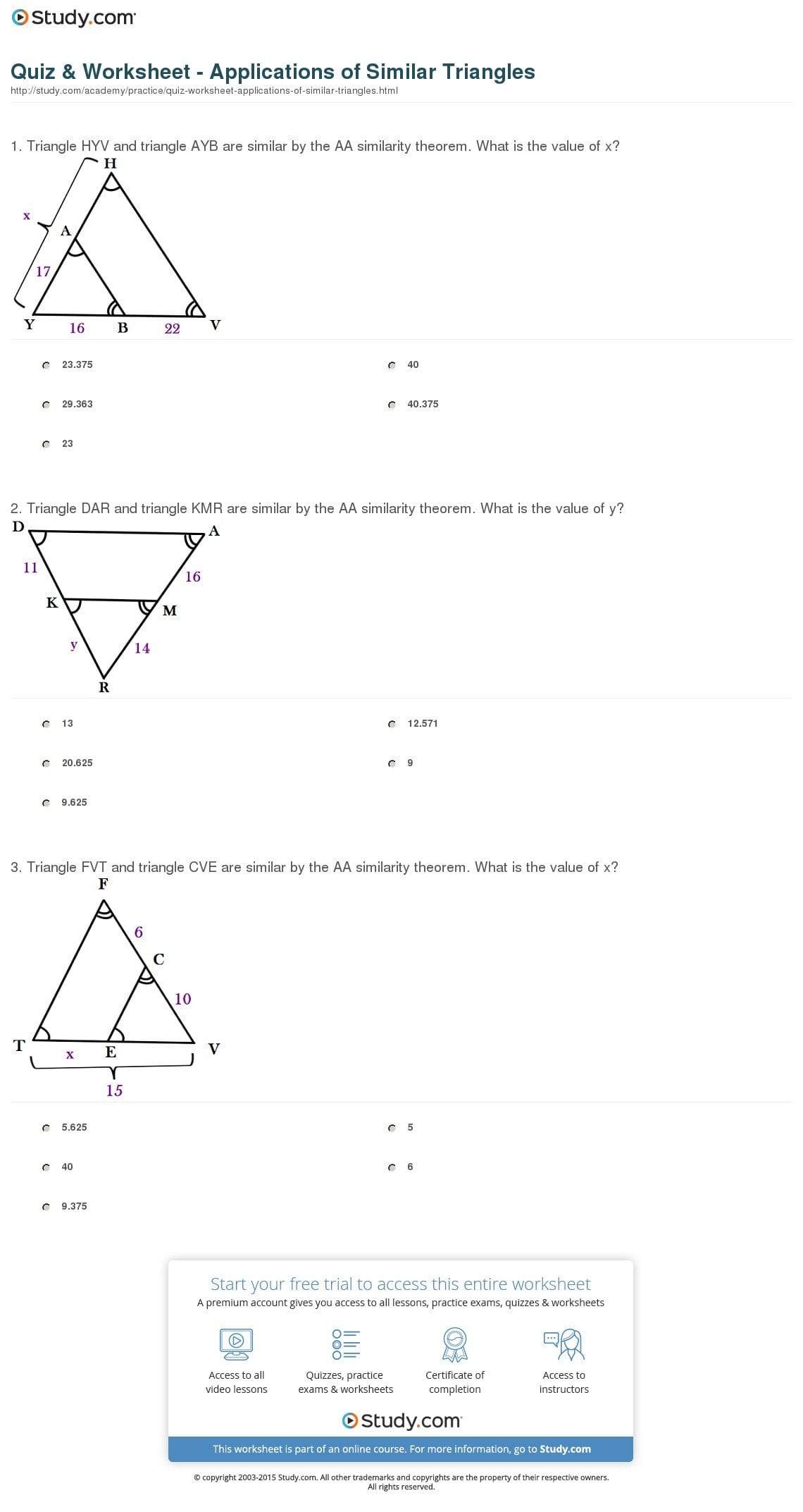 Quiz  Worksheet  Applications Of Similar Triangles  Study Also Proportions And Similar Figures Worksheet