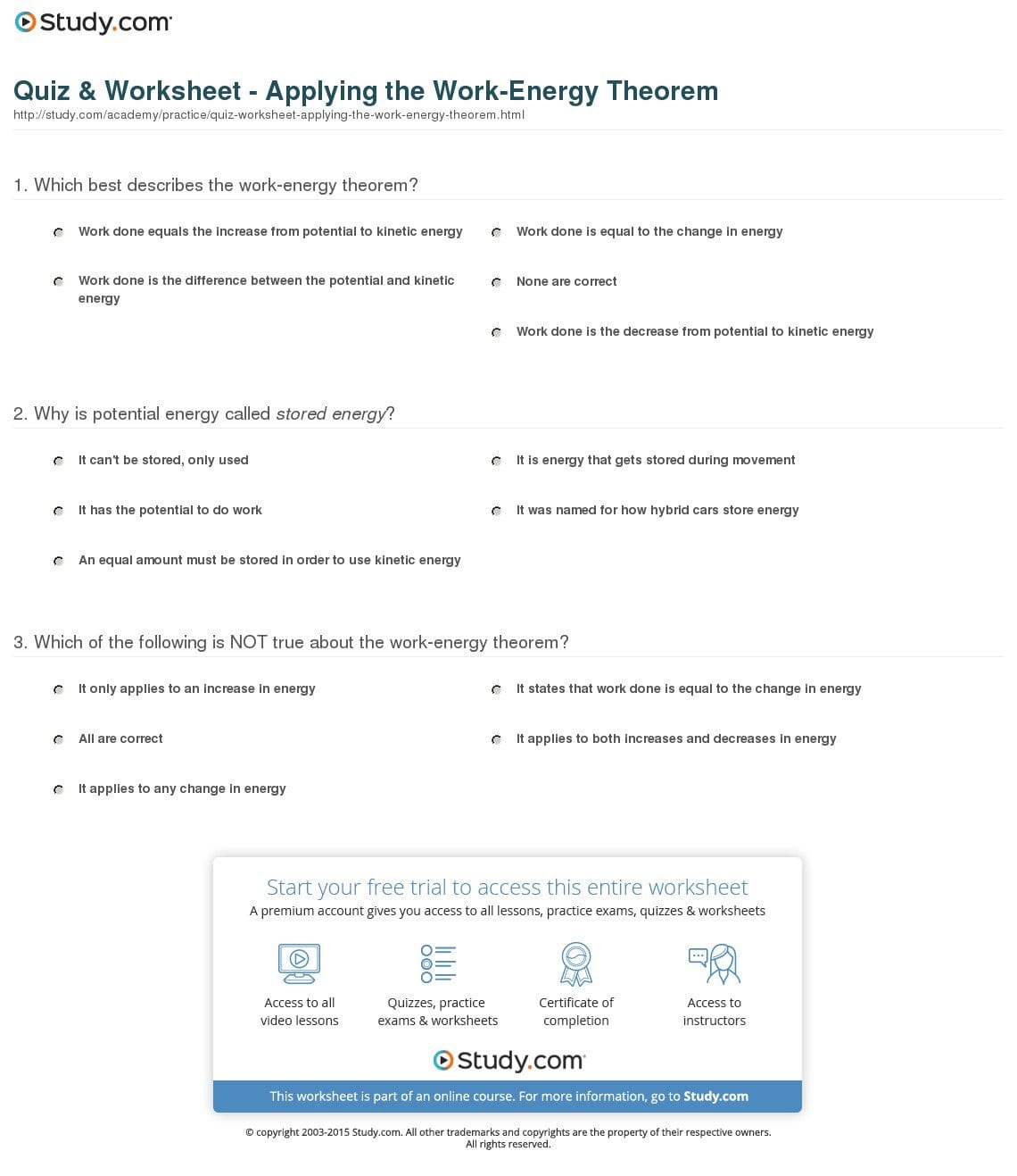 Quiz  Worksheet  Applying The Workenergy Theorem  Study Regarding Work Power And Energy Worksheet