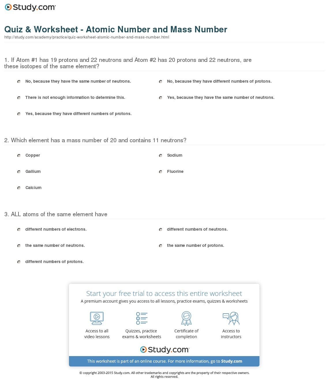 Quiz  Worksheet  Atomic Number And Mass Number  Study In Atomic Number And Mass Number Worksheet