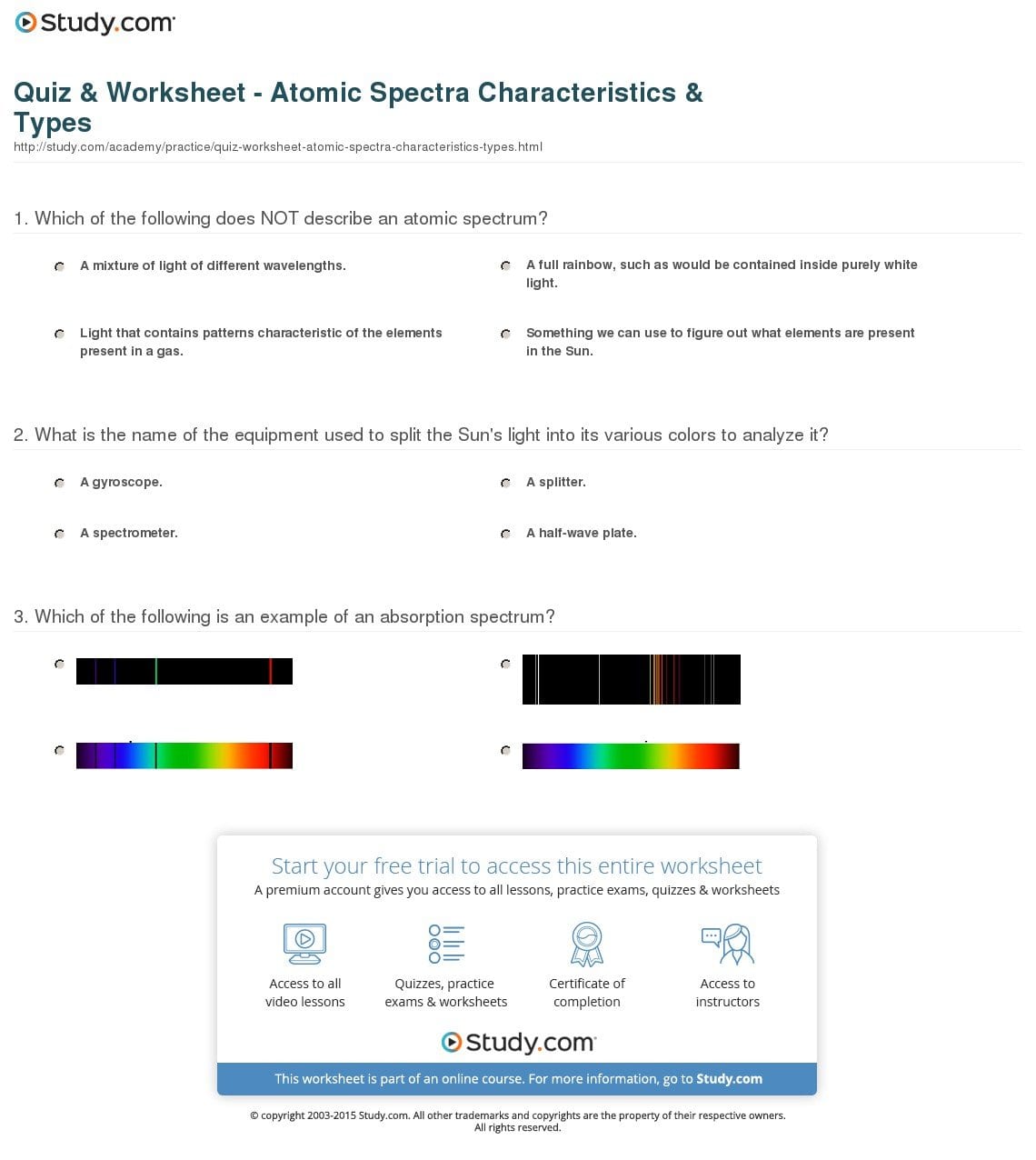 Quiz  Worksheet  Atomic Spectra Characteristics  Types  Study Regarding Atomic Spectra Worksheet Answers