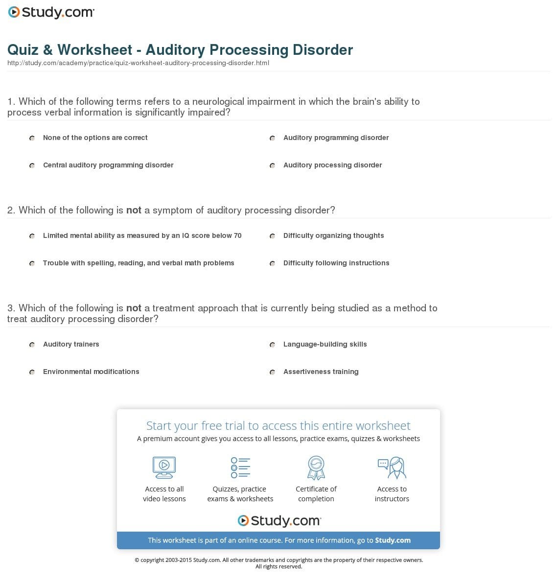 Quiz  Worksheet  Auditory Processing Disorder  Study Within Auditory Processing Worksheets