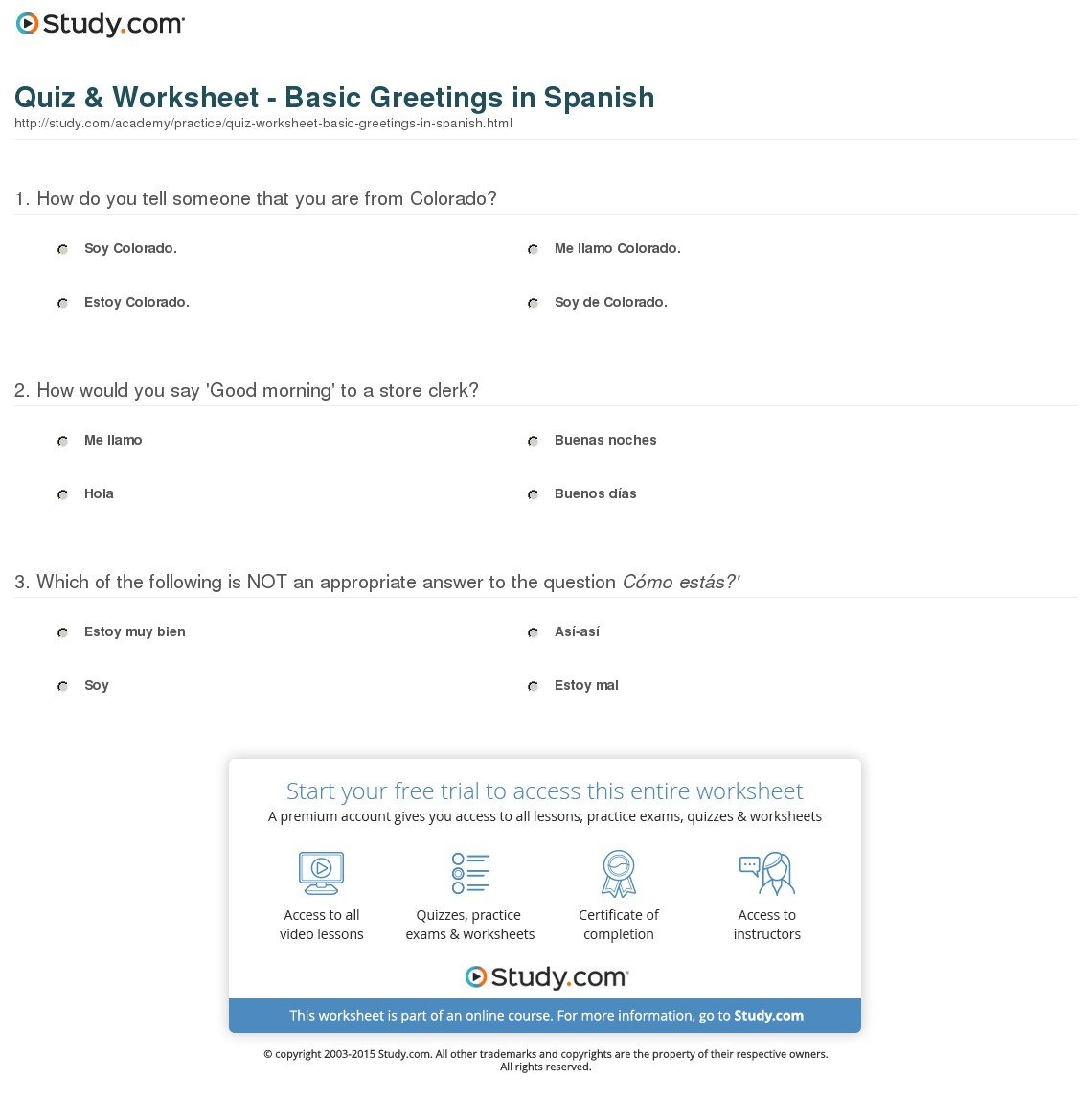 Quiz  Worksheet  Basic Greetings In Spanish  Study As Well As Spanish Greetings Worksheet