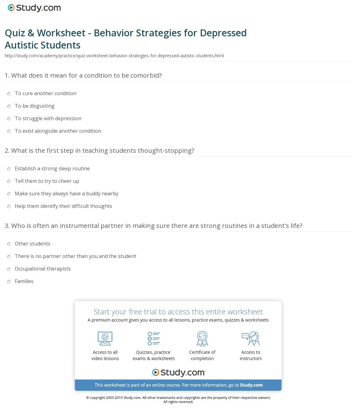 Quiz  Worksheet  Behavior Strategies For Depressed Autistic Or Thought Stopping Worksheet