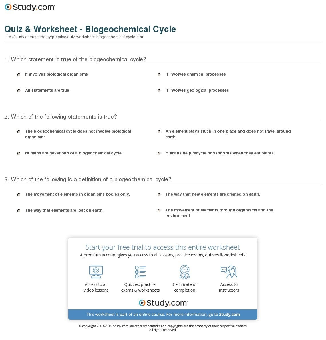 Quiz  Worksheet  Biogeochemical Cycle  Study In Biogeochemical Cycles Worksheet Answers