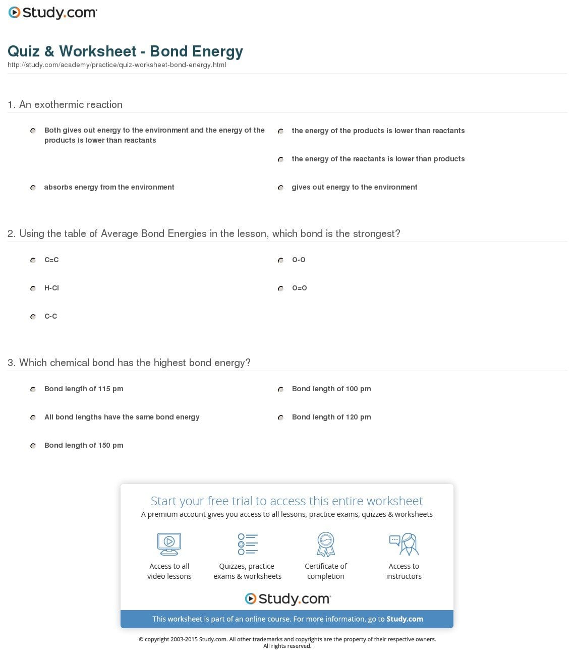 Quiz  Worksheet  Bond Energy  Study And Bond Energy Worksheet