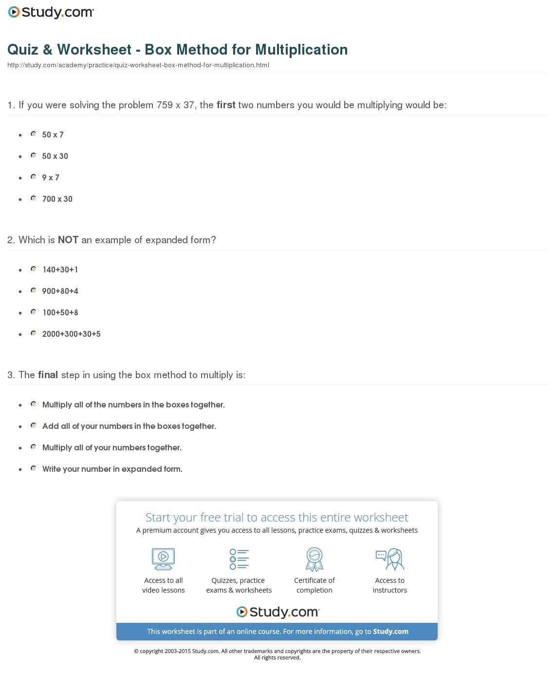 Quiz  Worksheet  Box Method For Multiplication  Study Or Box Method Multiplication Worksheet