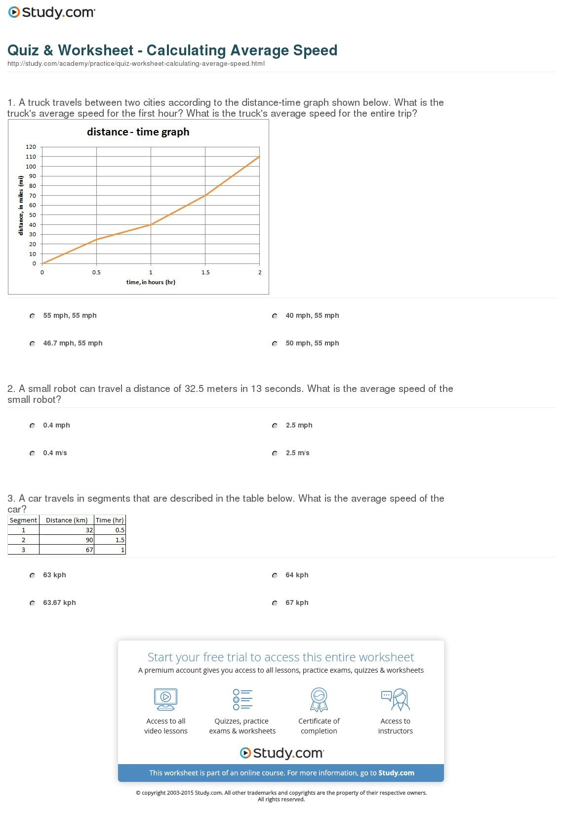 Quiz  Worksheet  Calculating Average Speed  Study Regarding Average Speed Worksheet Answers