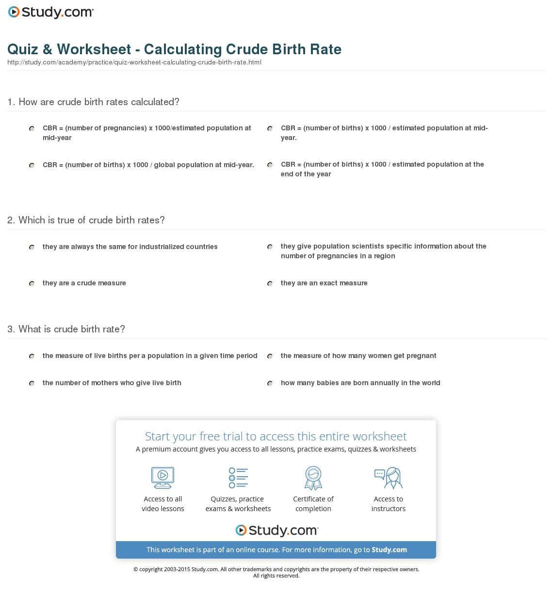 Quiz  Worksheet  Calculating Crude Birth Rate  Study Also Population Calculation Worksheet