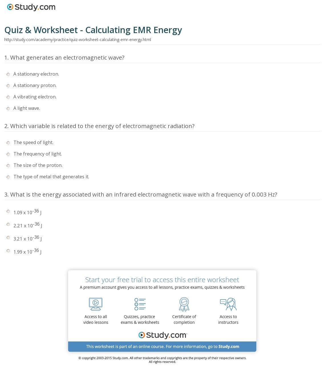 Quiz  Worksheet  Calculating Emr Energy  Study Throughout Chemistry Worksheet Wavelength Frequency And Energy Of Electromagnetic Waves Key