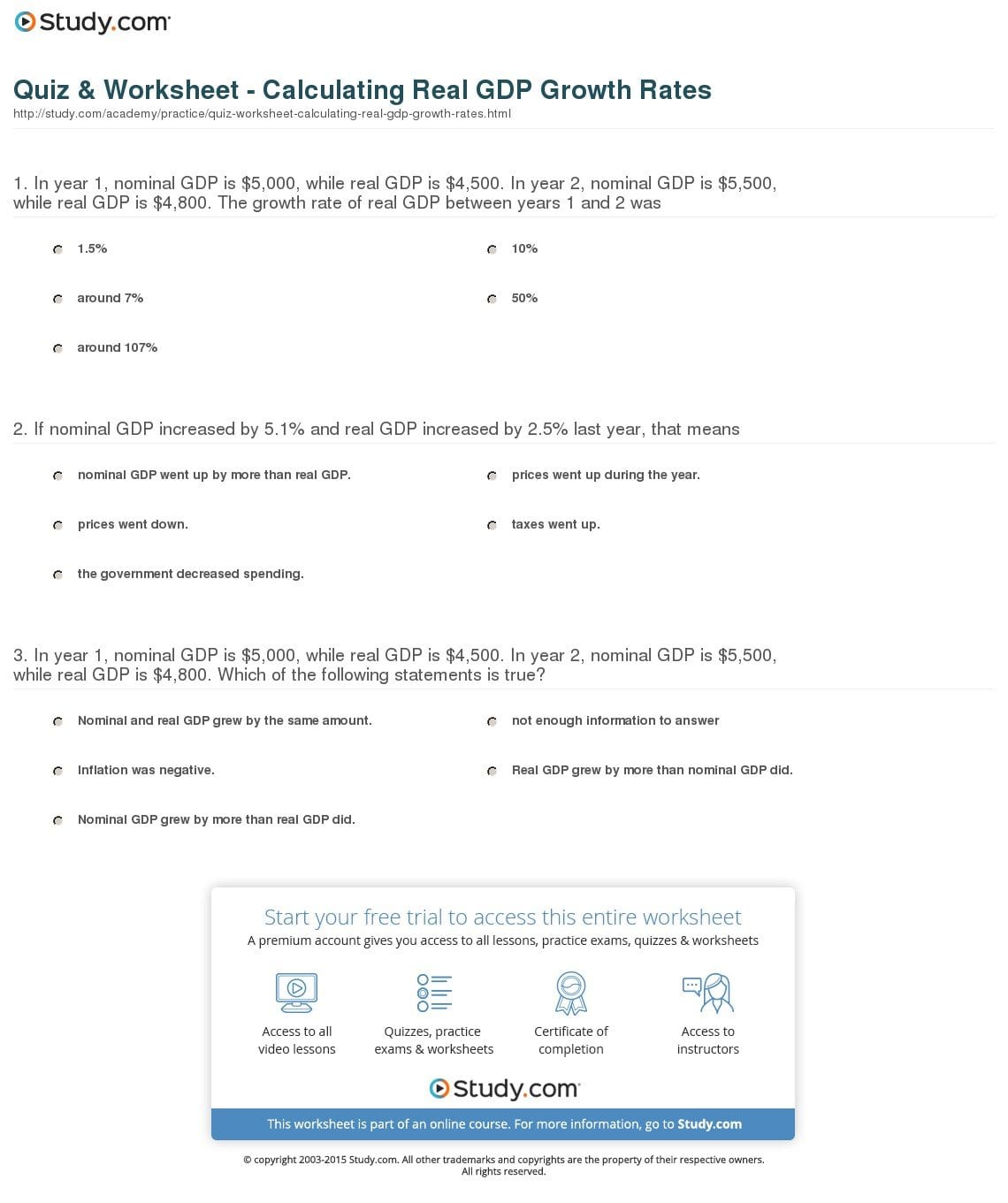 Quiz  Worksheet  Calculating Real Gdp Growth Rates  Study And Calculating Gdp Worksheet