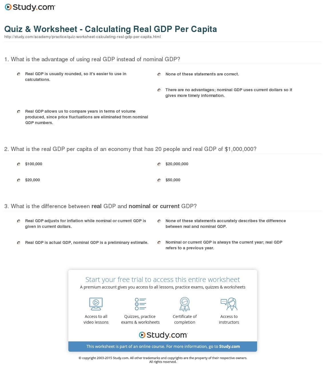 Quiz  Worksheet  Calculating Real Gdp Per Capita  Study Intended For Calculating Gdp Worksheet