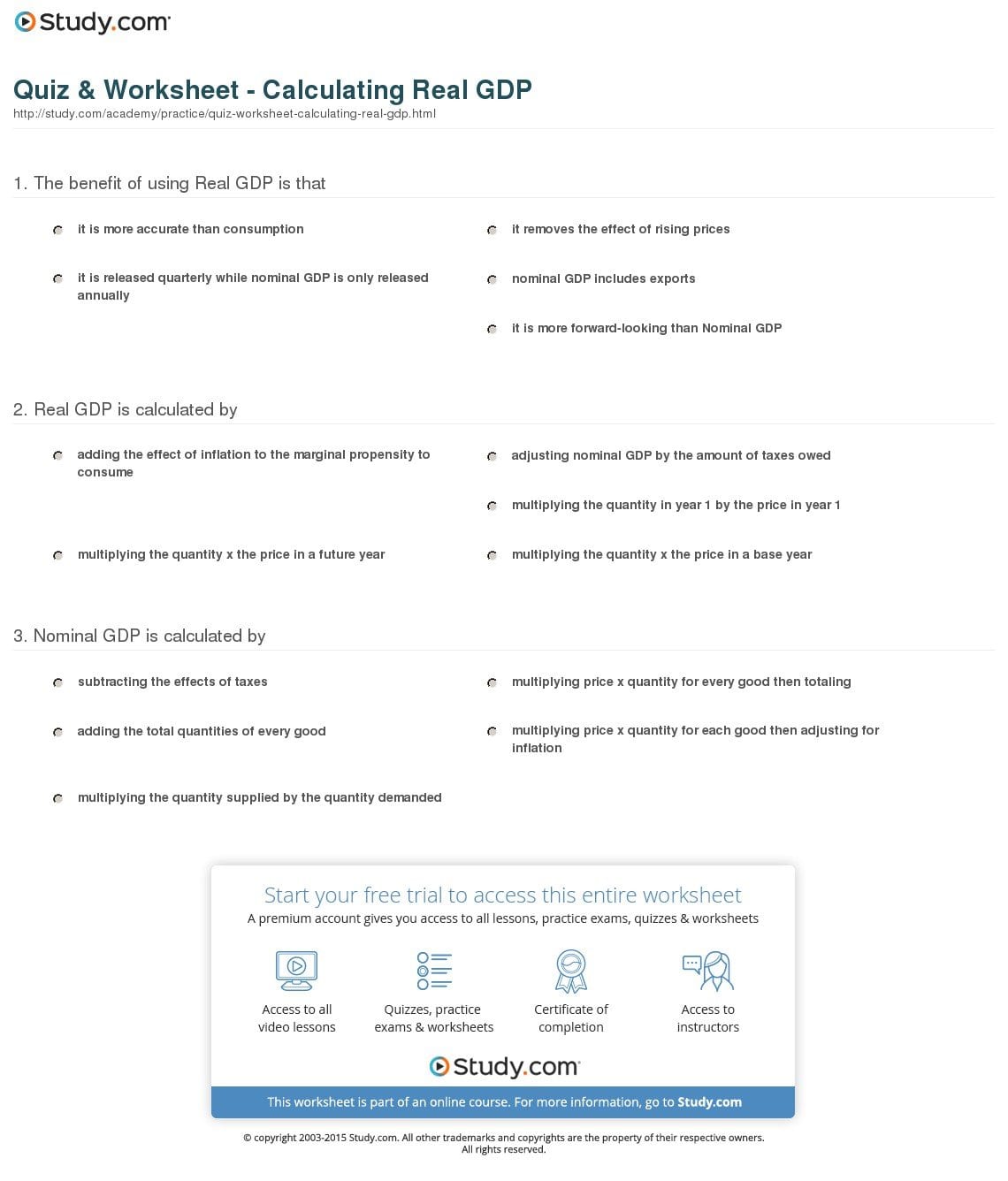 Quiz  Worksheet  Calculating Real Gdp  Study Regarding Calculating Gdp Worksheet