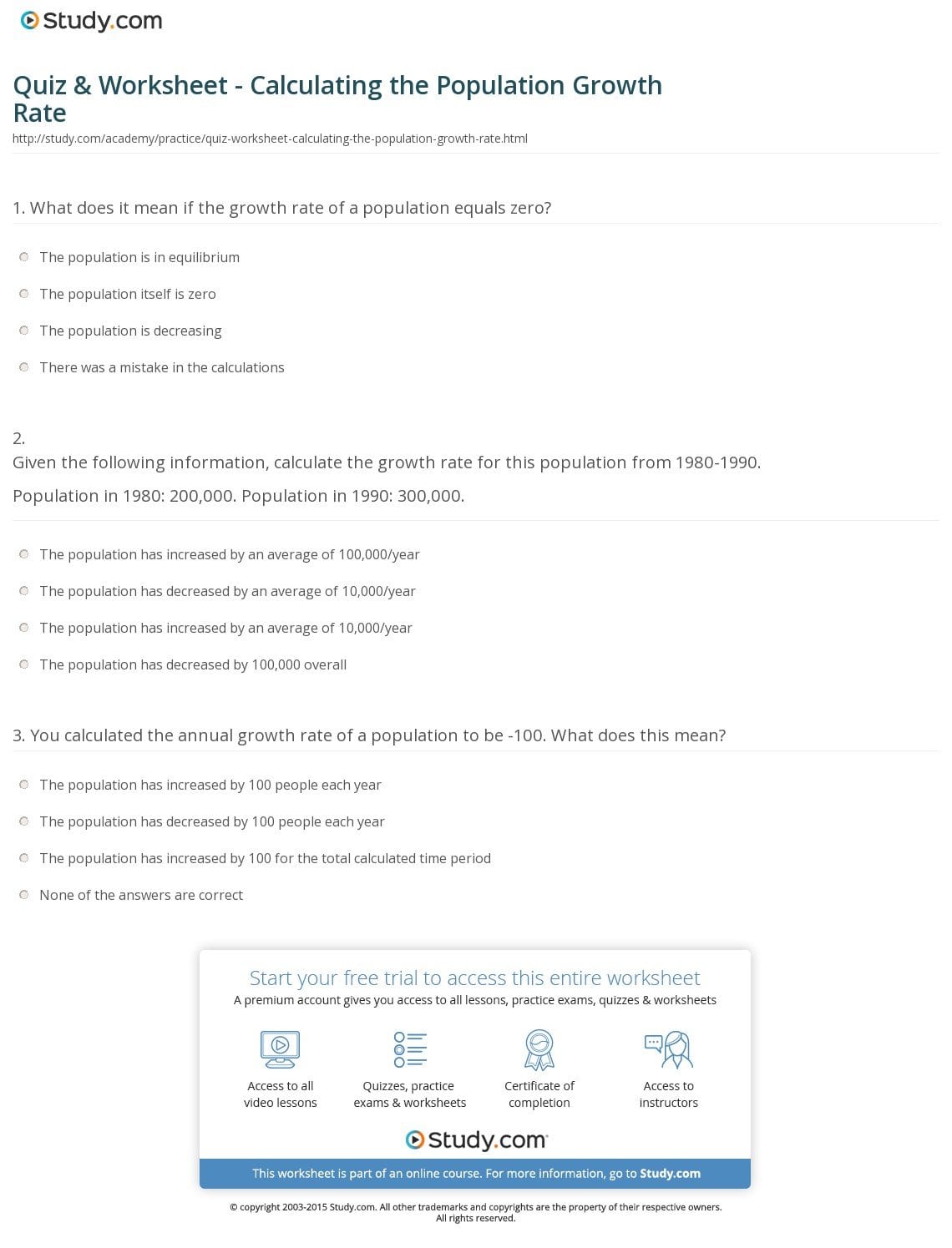 Quiz  Worksheet  Calculating The Population Growth Rate  Study With Regard To Population Calculation Worksheet