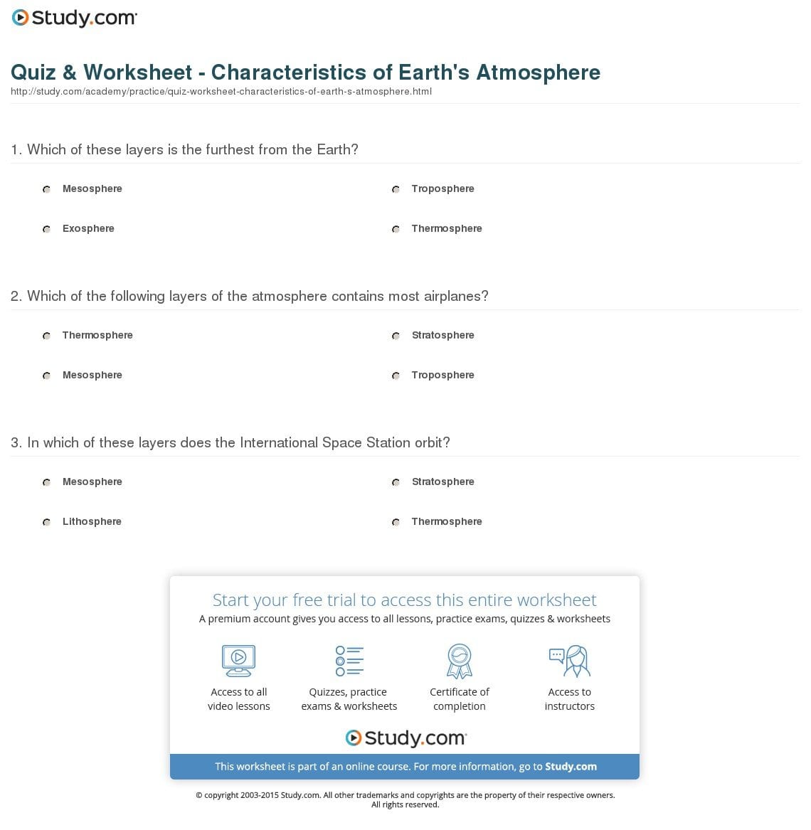 Quiz  Worksheet  Characteristics Of Earth's Atmosphere  Study With Regard To Energy Transfer In The Atmosphere Worksheet Answers