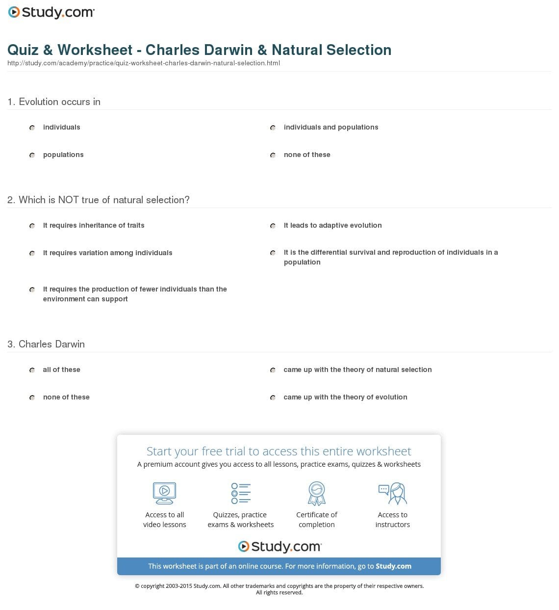 Quiz  Worksheet  Charles Darwin  Natural Selection  Study Together With Evolution And Natural Selection Worksheet Answers