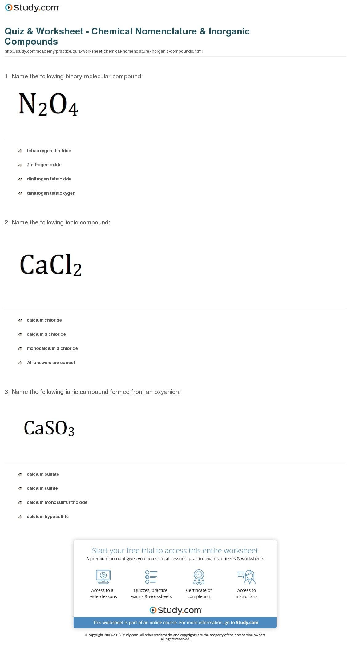 Quiz  Worksheet  Chemical Nomenclature  Inorganic Compounds Within Inorganic Nomenclature Worksheet