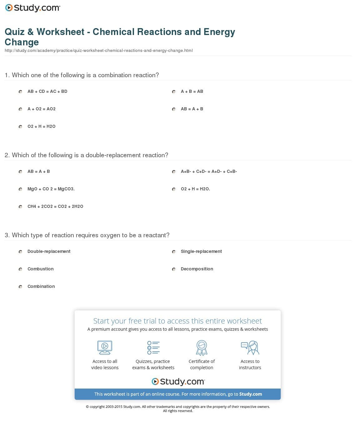 Quiz  Worksheet  Chemical Reactions And Energy Change  Study Along With Five Types Of Chemical Reaction Worksheet