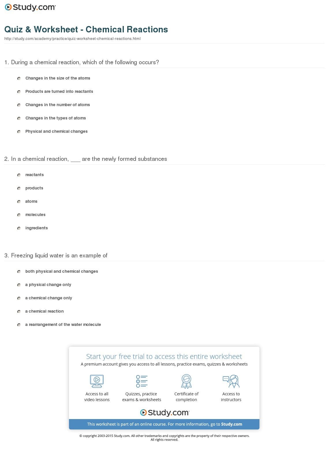 Quiz  Worksheet  Chemical Reactions  Study With Introduction To Chemical Reactions Worksheet