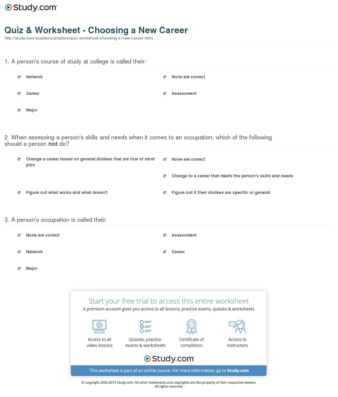 Quiz  Worksheet  Choosing A New Career  Study Or Career Worksheets For Middle School