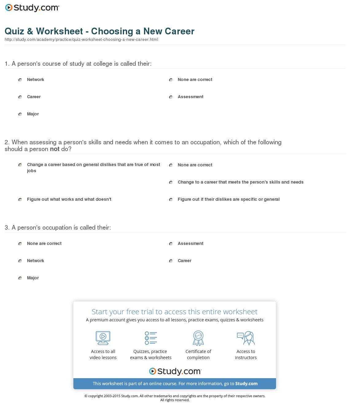 Quiz  Worksheet  Choosing A New Career  Study Together With Career Planning For High School Students Worksheet