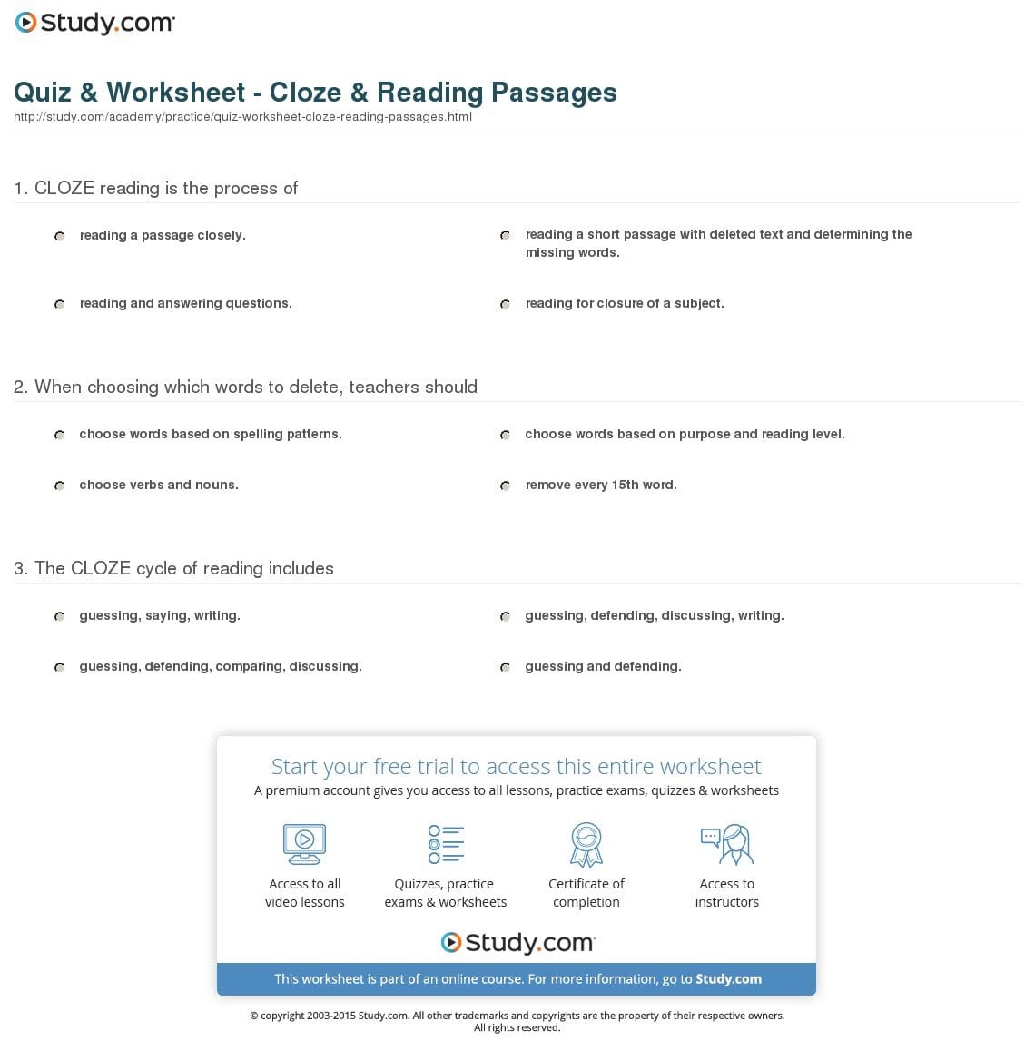 Quiz  Worksheet  Cloze  Reading Passages  Study Inside Cloze Reading Worksheets