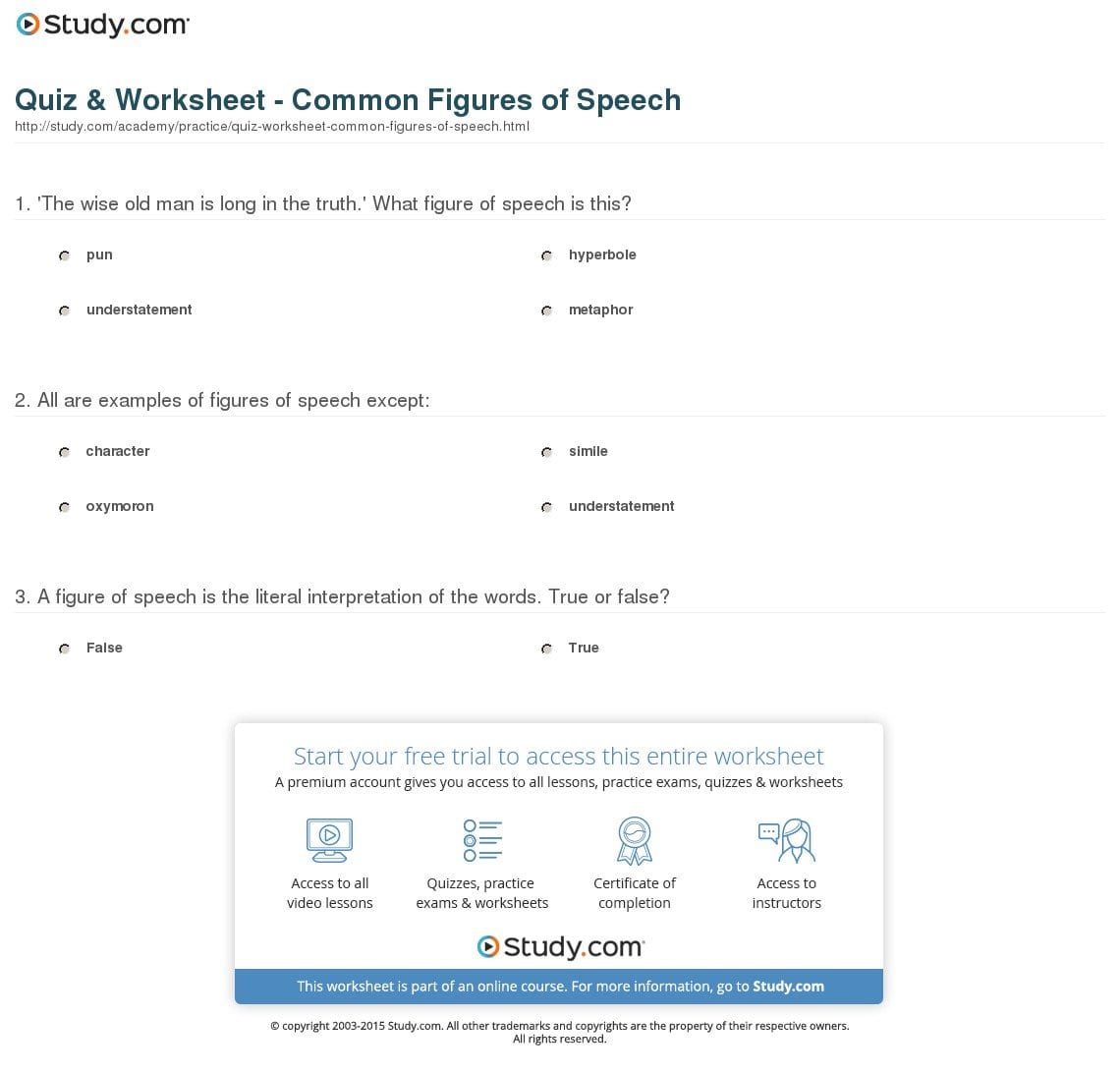 Quiz  Worksheet  Common Figures Of Speech  Study Together With Figures Of Speech Worksheet