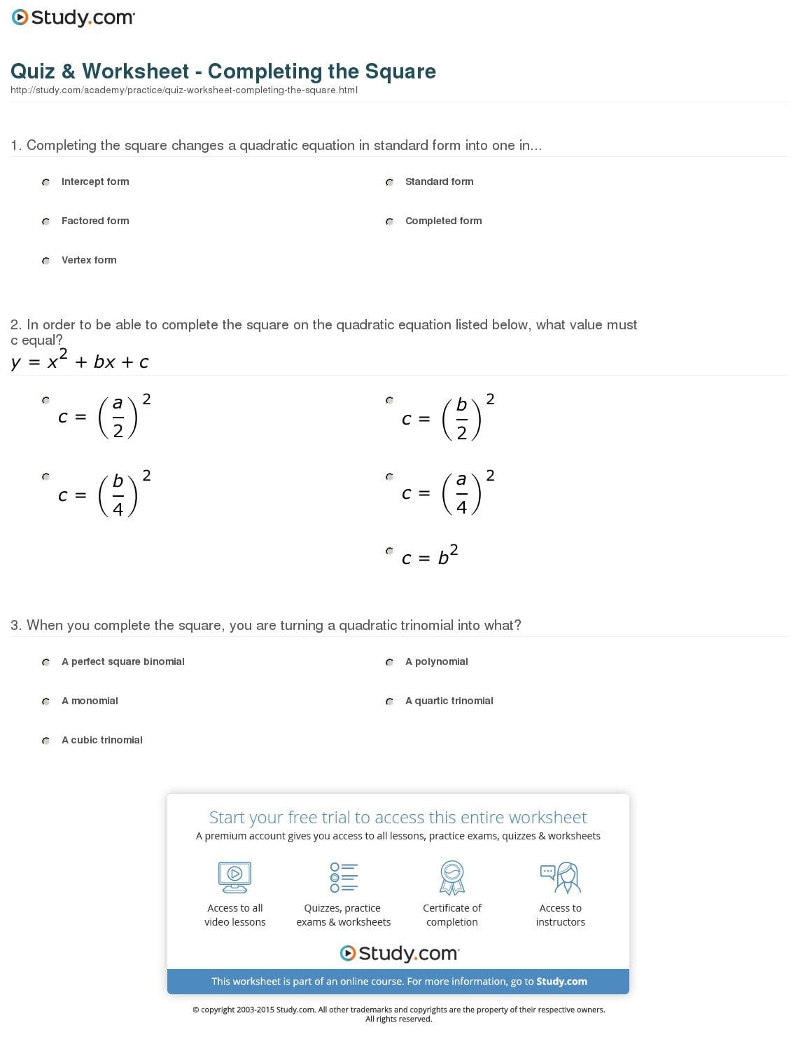 Quiz  Worksheet  Completing The Square  Study With Regard To Solving Quadratic Equations By Completing The Square Worksheet Algebra 1