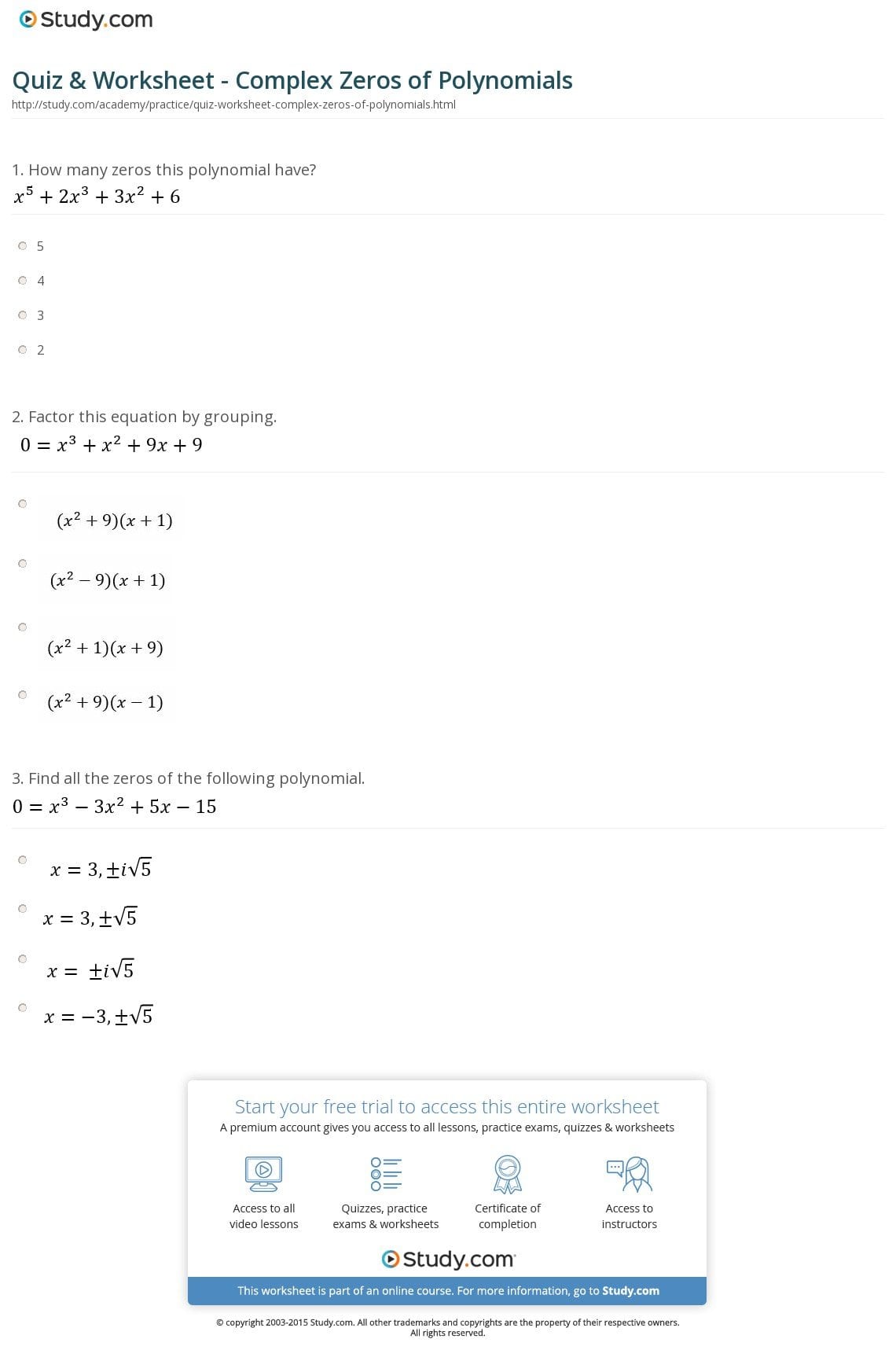Quiz  Worksheet  Complex Zeros Of Polynomials  Study Inside Factoring Polynomials Finding Zeros Of Polynomials Worksheet Answers