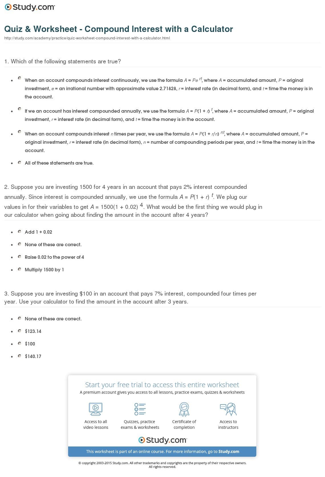 Quiz  Worksheet  Compound Interest With A Calculator  Study Regarding Continuous Compound Interest Worksheet With Answers