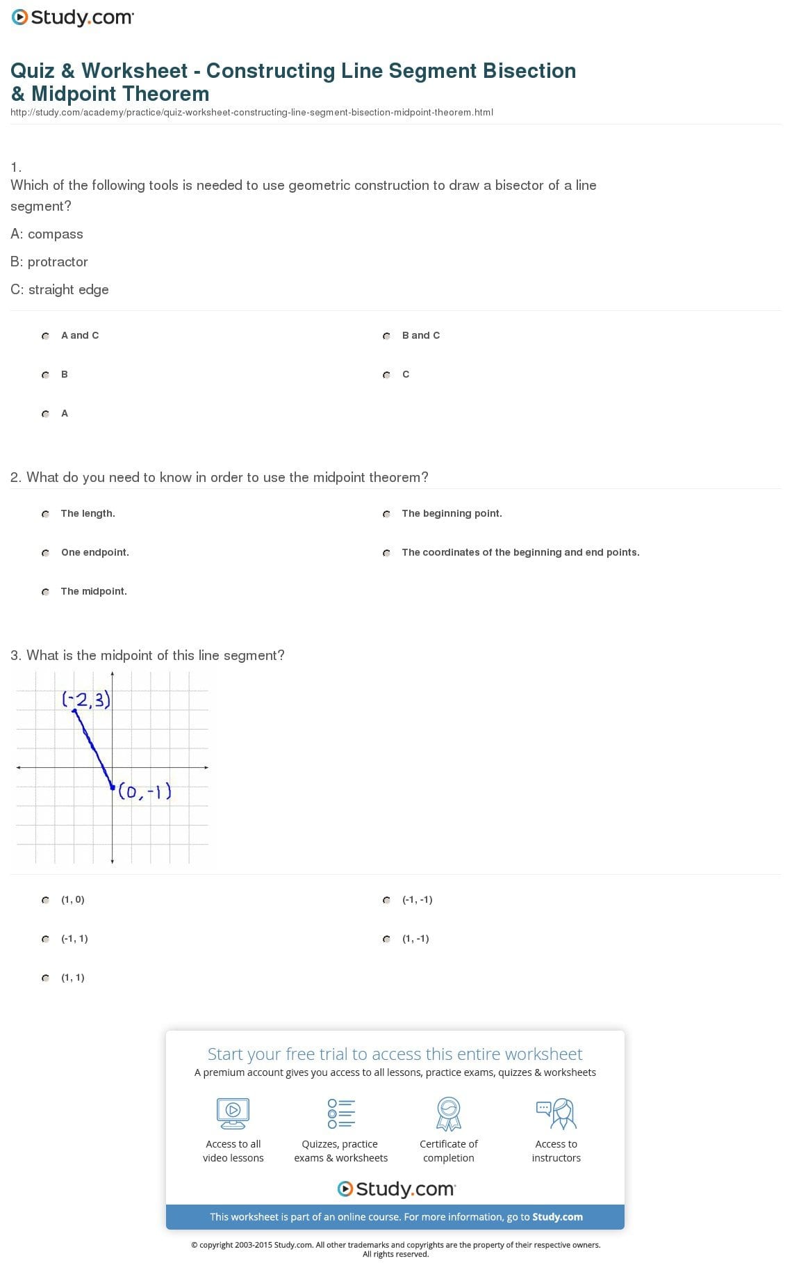 Quiz  Worksheet  Constructing Line Segment Bisection  Midpoint Inside Midpoints And Segment Bisectors Worksheet Answers