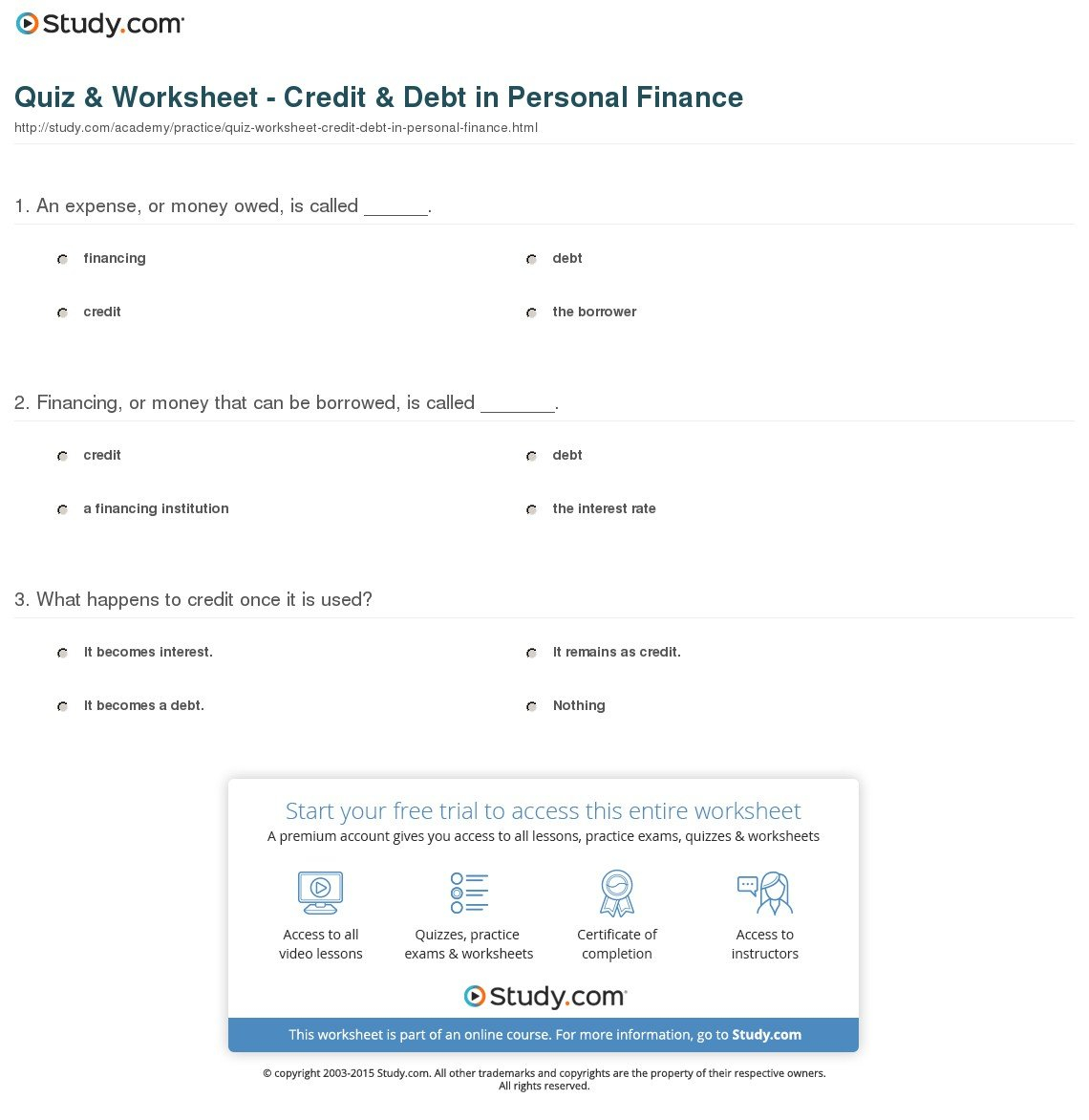 Quiz  Worksheet  Credit  Debt In Personal Finance  Study With Regard To Personal Finance High School Worksheets