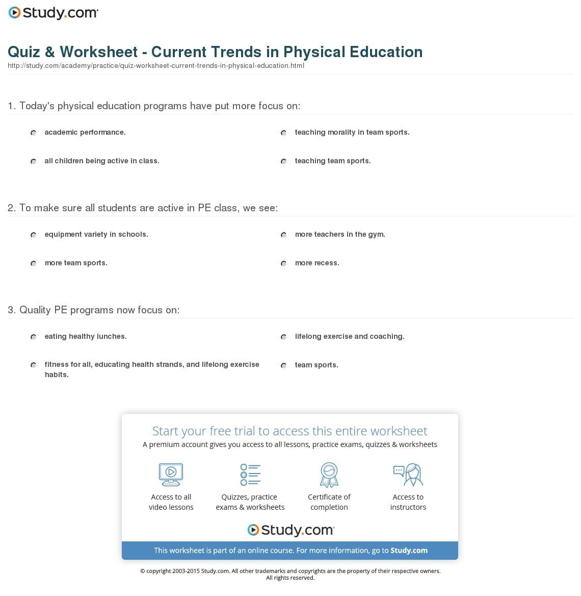Quiz  Worksheet  Current Trends In Physical Education  Study Regarding Physical Education Worksheets